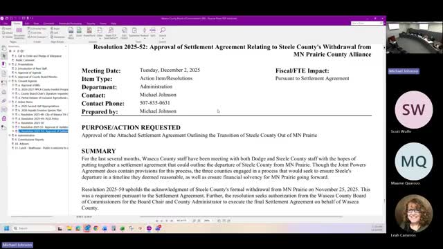 Waseca County approves settlement to accept Steele County withdrawal from Mid Prairie joint powers