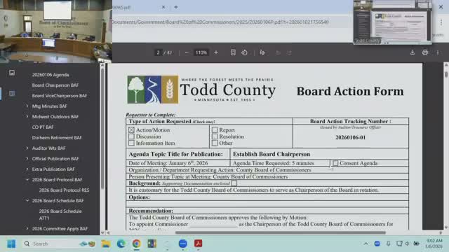 Todd County board names officers, adopts administrative resolutions and routine business