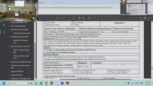 Todd County approves opioid‑settlement grants for jail peer support and a medication drop box