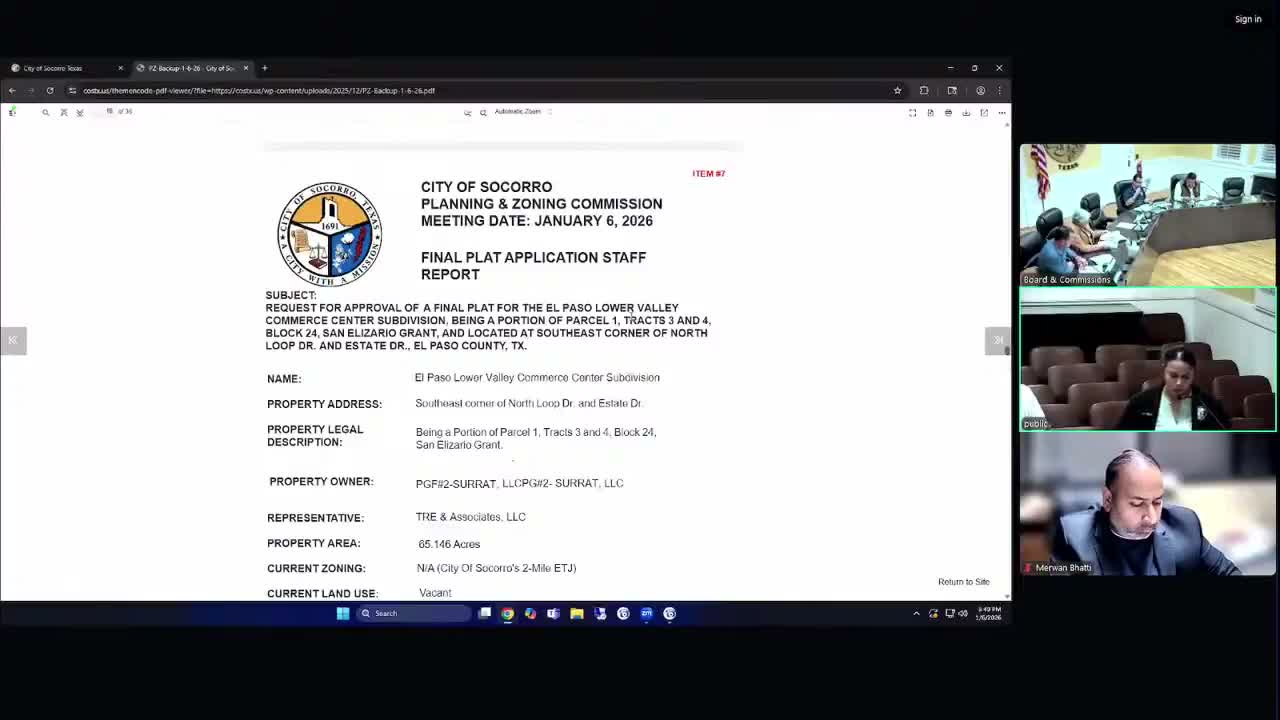 Commission deadlocks on 65-acre Commerce Center final plat; counsel warns no-action could mean statutory approval