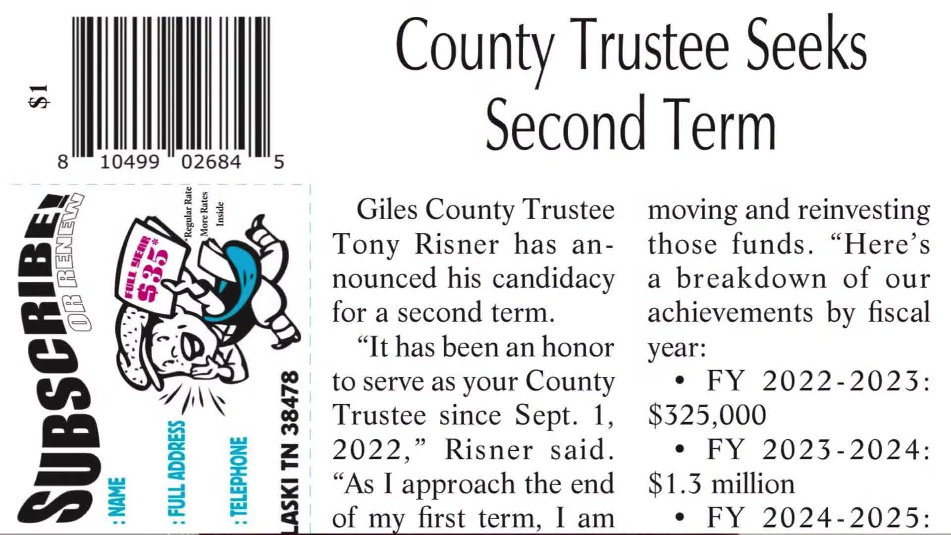 Giles County trustee Tony Reisner announces bid for second term