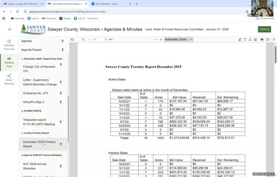 Committee approves Sawyer County Forest 2026 work plan after forestry report on sales and carbon project