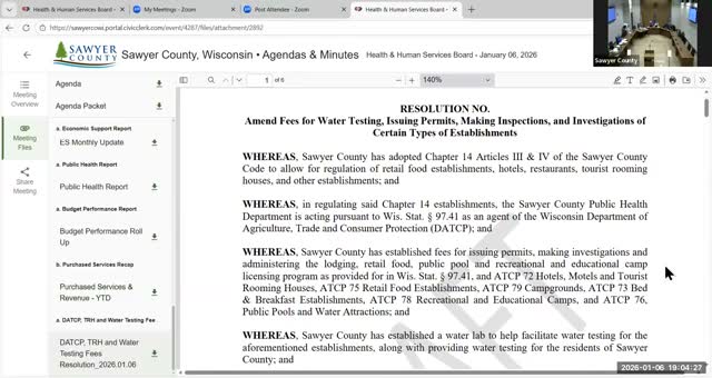 Committee approves amendment to Sawyer County health department fee schedule; changes to lodging, campgrounds and water testing