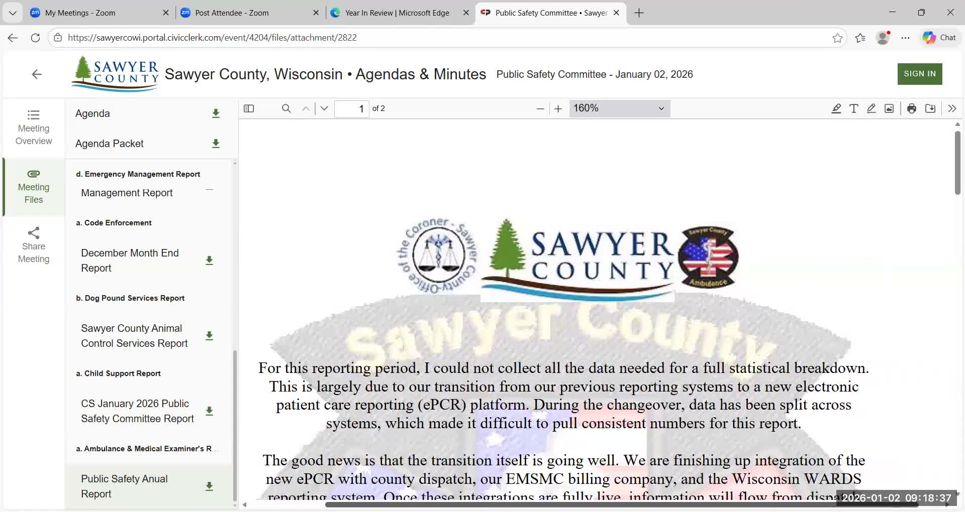 Emergency services report: new reporting system near completion; medical examiner flags pending possible overdoses