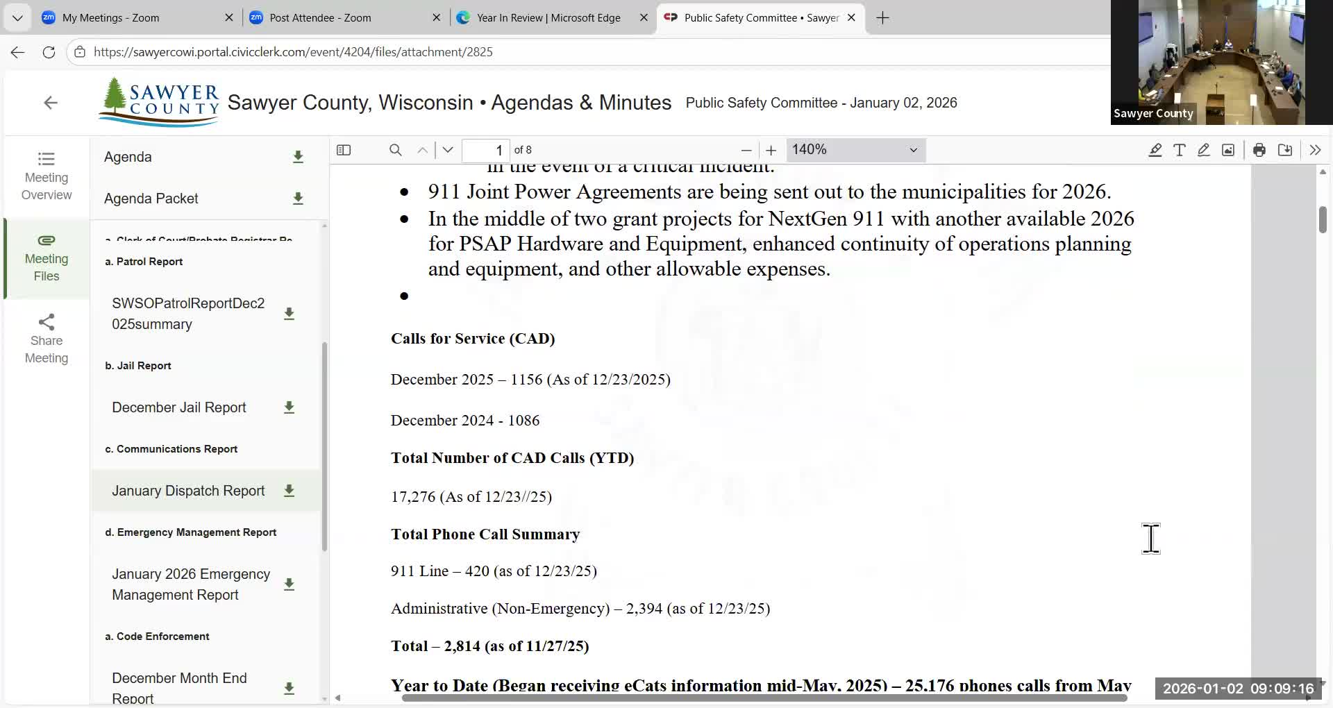 Dispatch reports call volume increase and 9-1-1 agreements sent to municipalities for 2026