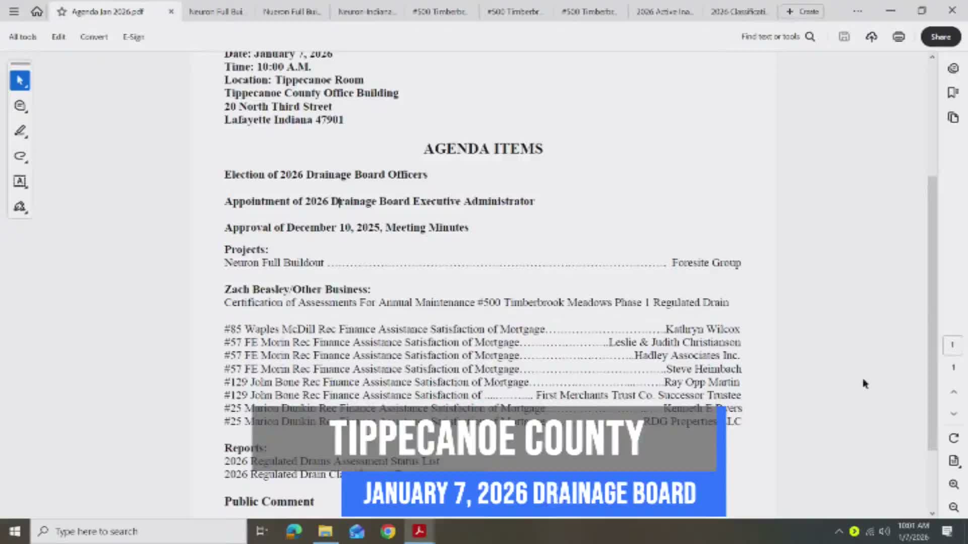 Tippecanoe County drainage board names leadership, approves executive administrator and minutes