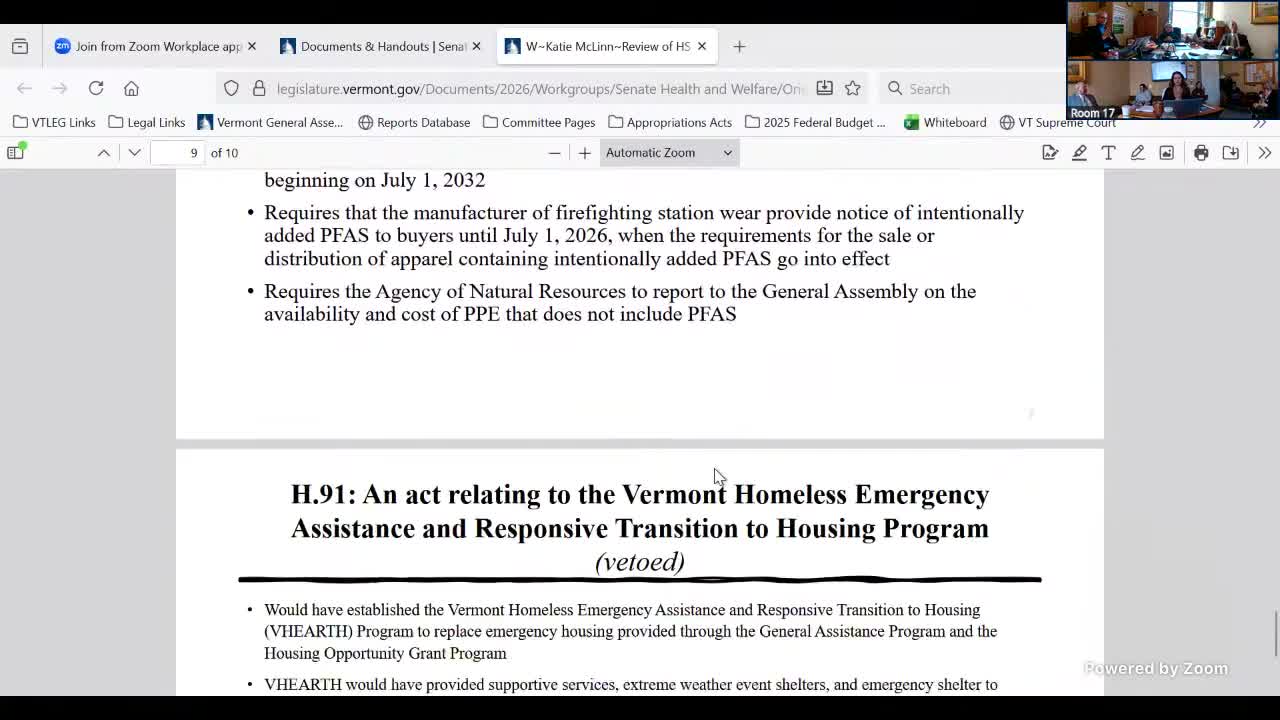 VHARF homelessness transition bill vetoed; committee presses on with emergency‑housing and general assistance discussions
