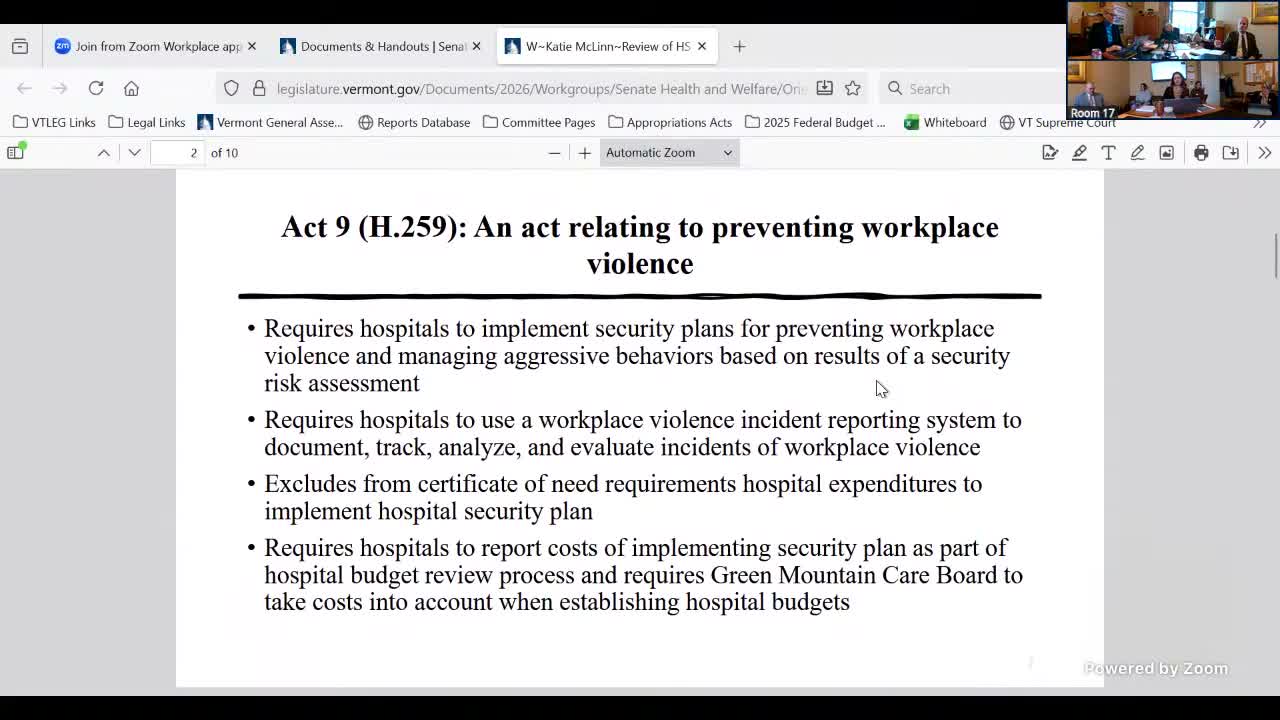 Senate Health & Welfare reviews law requiring hospital workplace‑violence plans and reporting