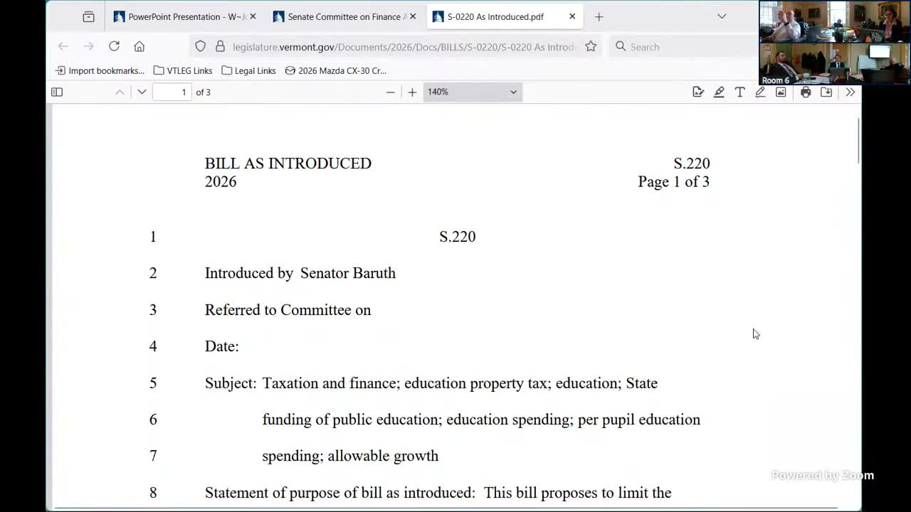 Senate debate S.220 allowable‑growth cap for school spending; counsel flags possible constitutional challenges