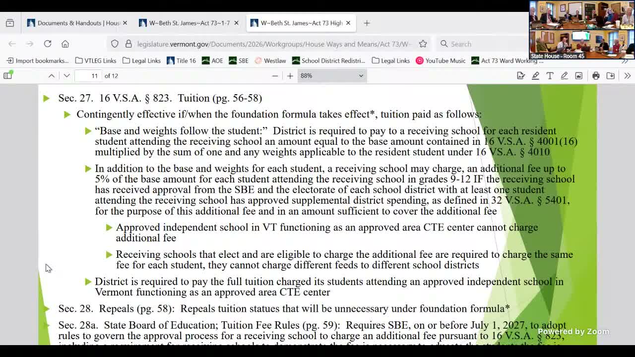 Act 73 ties tuition rules to a contingent foundation formula and allows limited additional fees for high-school students