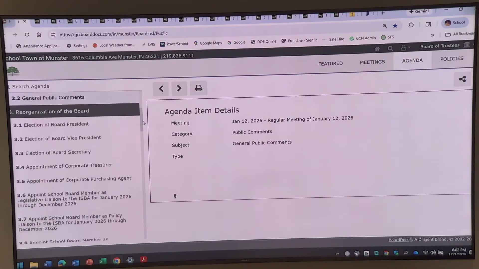 Munster board elects new officers, appoints treasurer and purchasing agent for 2026