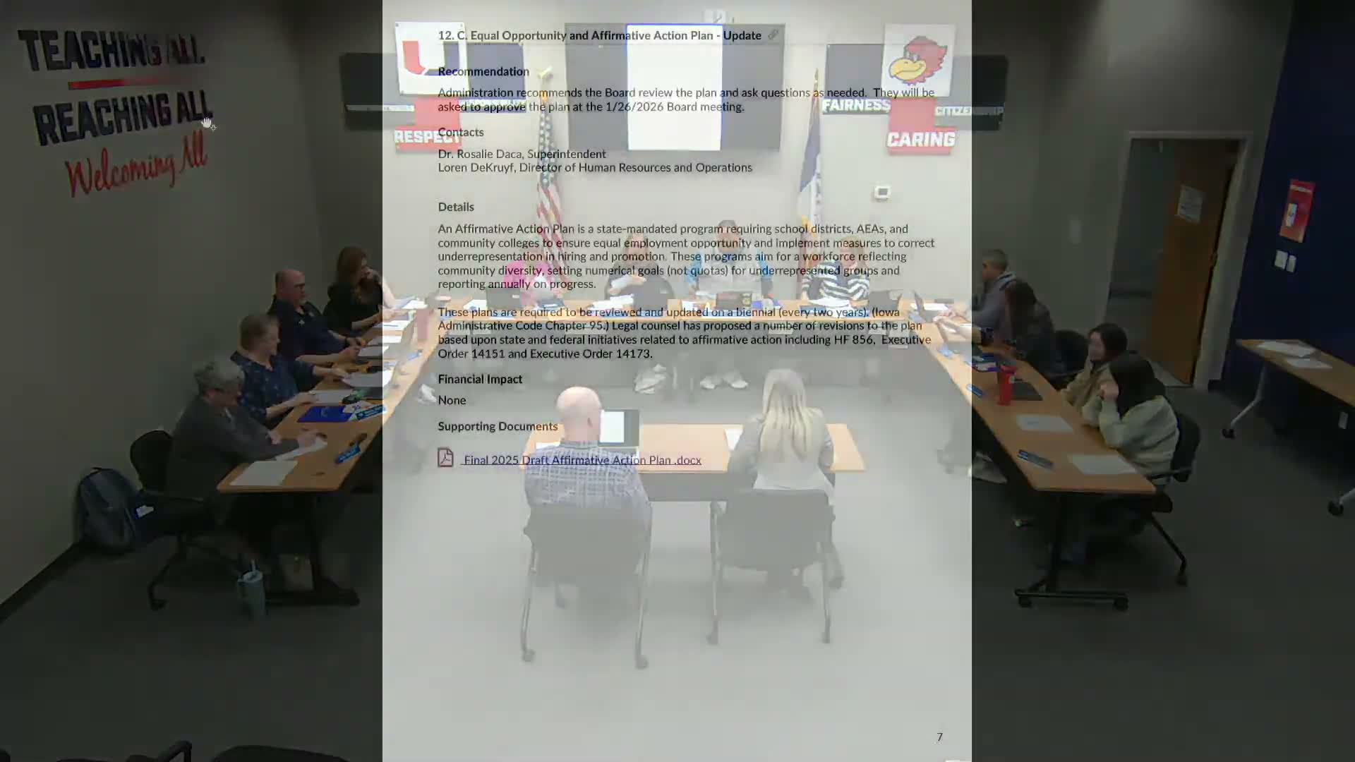 Staff recommends removing affirmative-action language from district plan to preserve state and federal funding