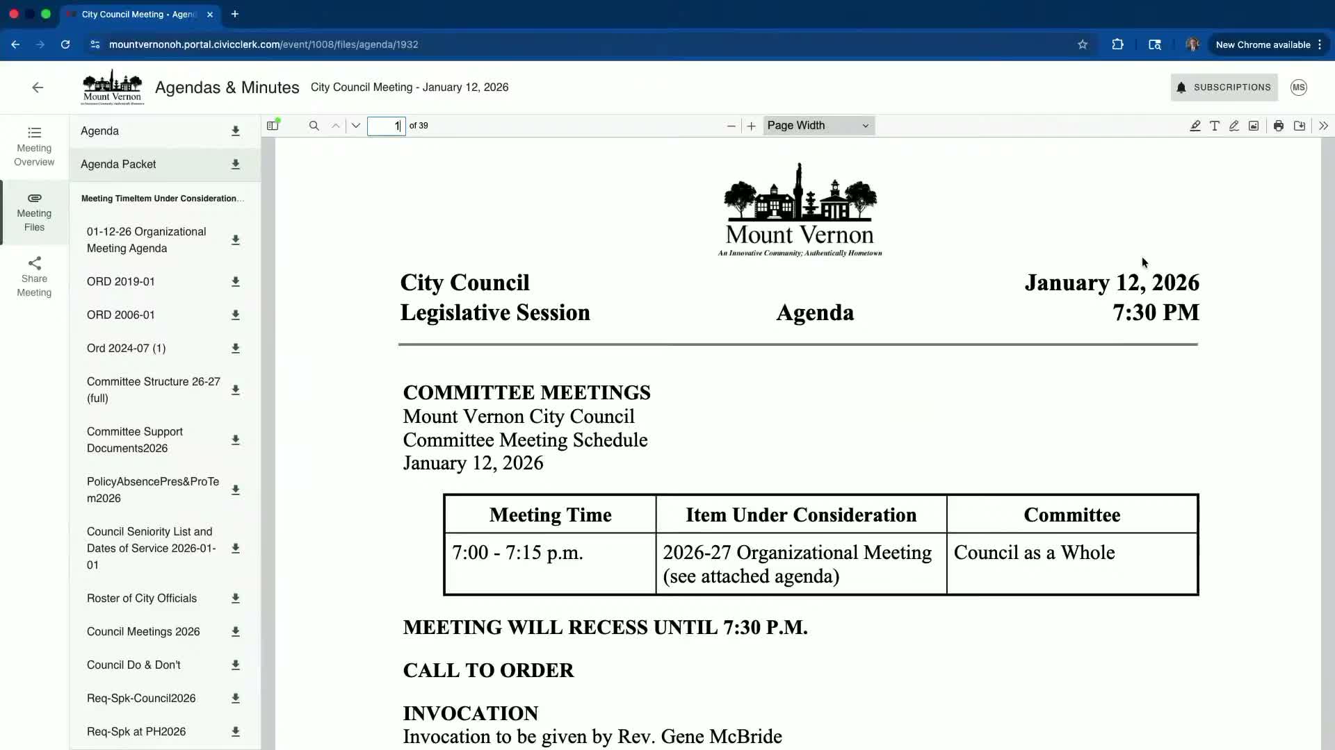 Mount Vernon council completes organizational meeting, elects president pro tem and names clerk