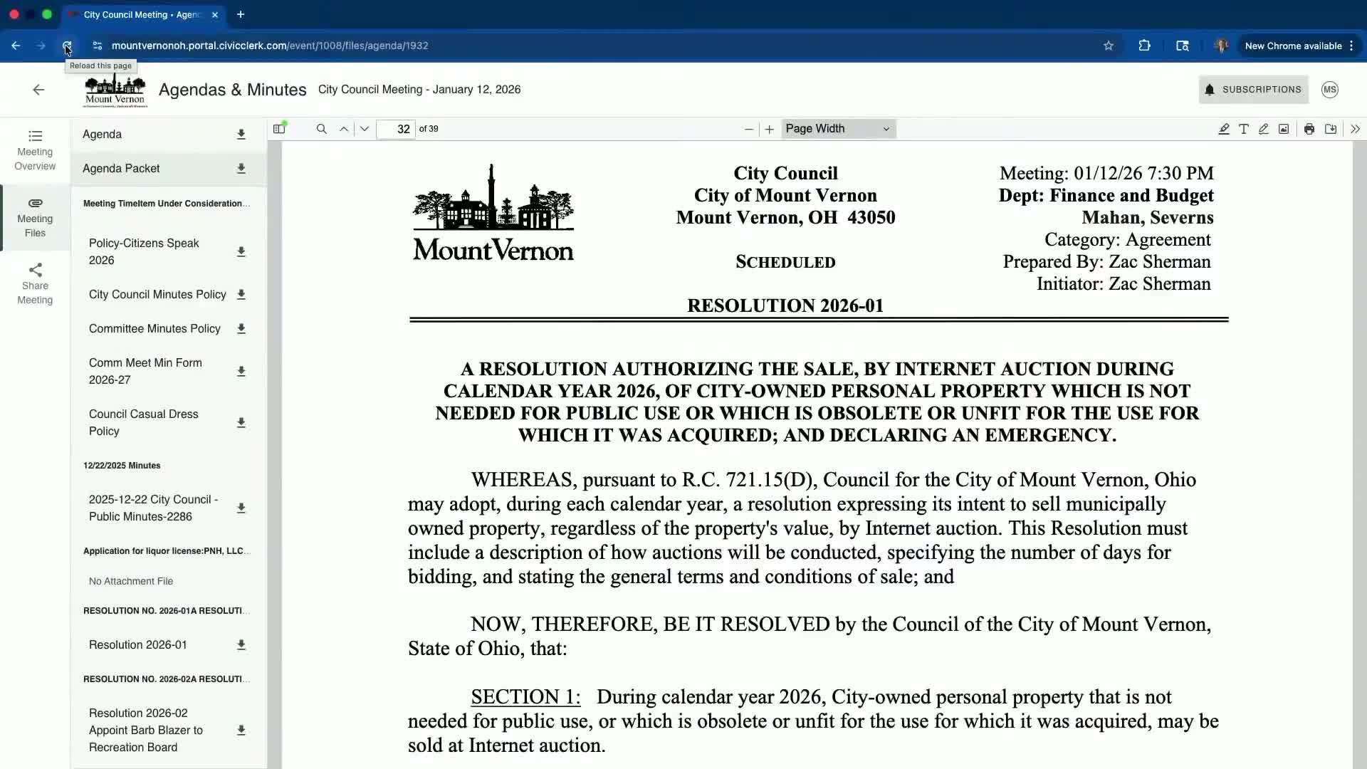 Council adopts surplus-auction resolution, confirms mayoral appointments and adopts meeting rules