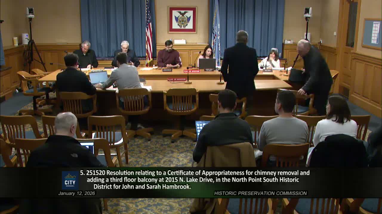 Commission denies chimney removal and third-floor balcony at North Lake Drive, citing historic character