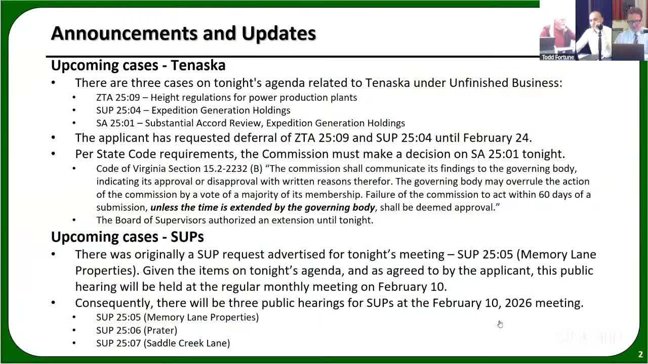 Fluvanna planners defer zoning and SUP requests for Tenaska’s proposed plant after packed public comment; contested 'substantial accord' motion recorded