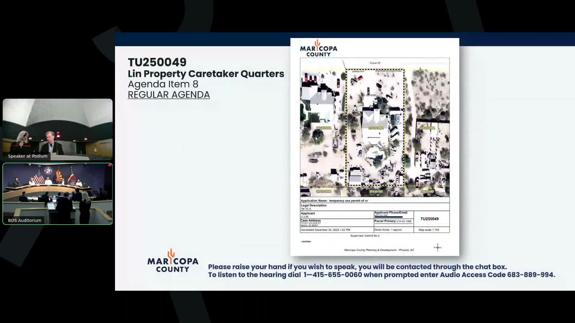 Commission recommends denial of temporary caretaker RV permit after staff cites code violations (case 2250049)