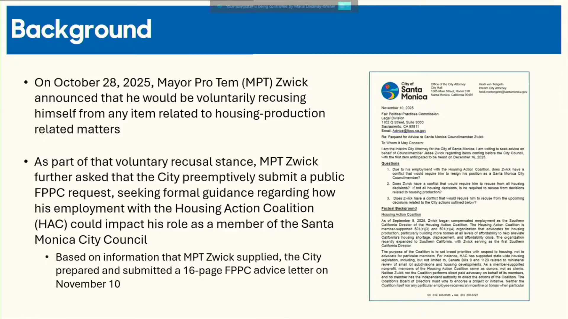 Santa Monica council directs planning review and repeals interim zoning after FPPC guidance on councilmember conflict