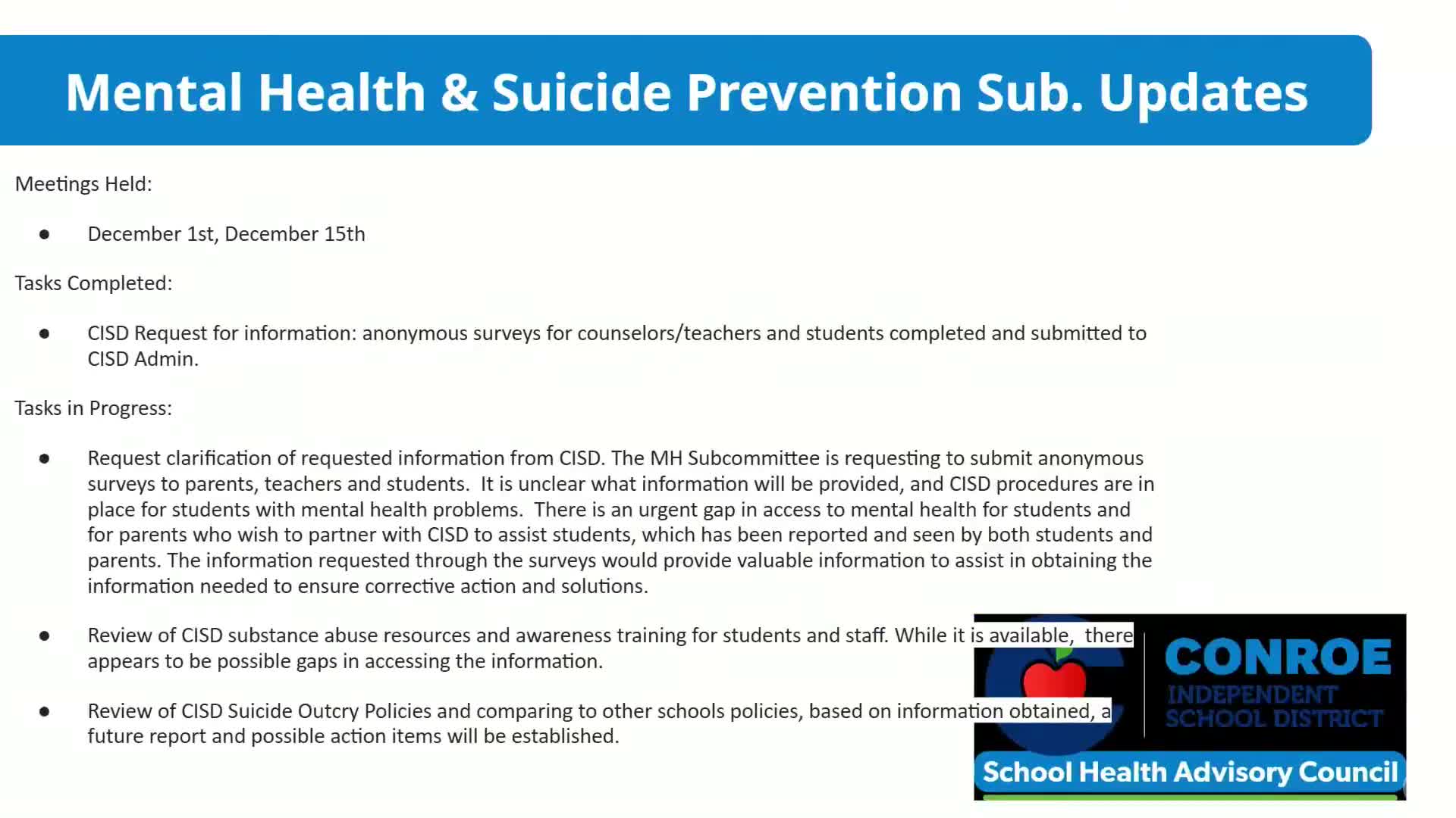 Conroe ISD SHAC approves mental-health survey questions for board review