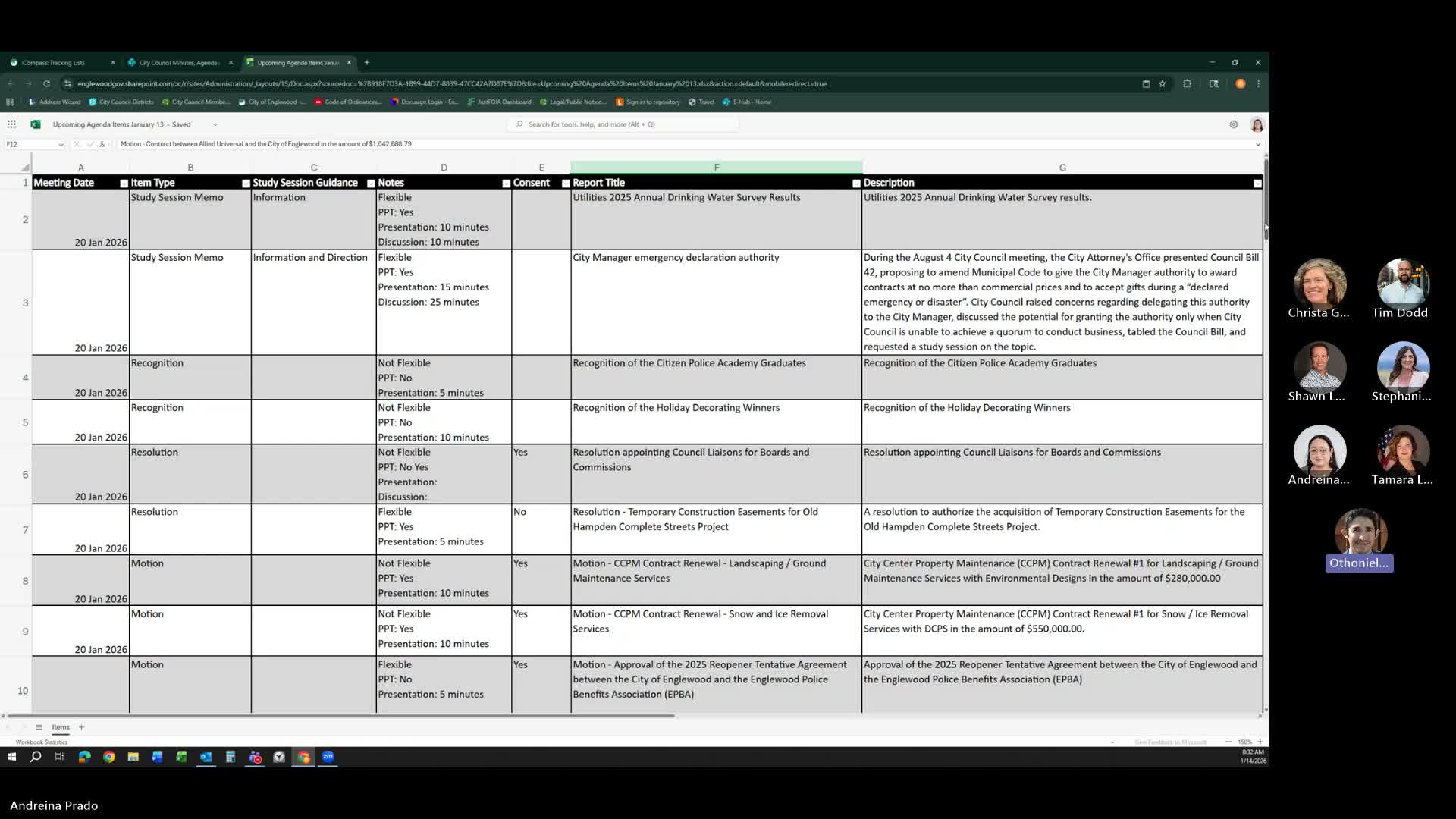 Englewood officials fine-tune Jan. 20 council agenda; executive session likely shifted to February