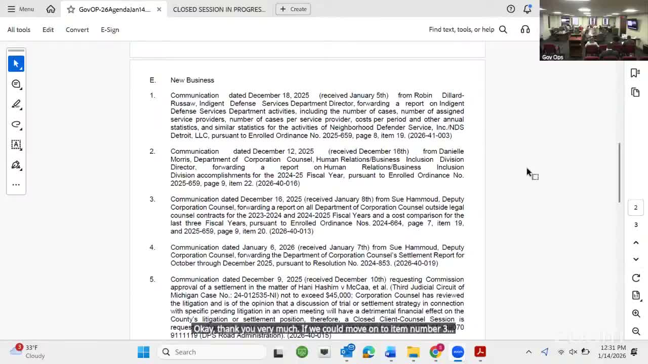 Wayne County committee reviews rising outside‑counsel costs, forwards settlement report and votes to enter closed session on pending litigation