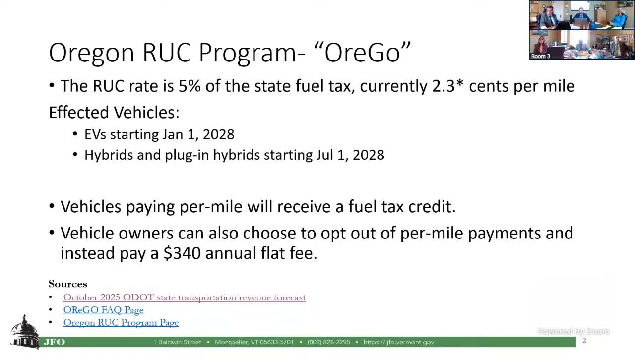 Oregon official describes 'Orgo' road-usage charge to Vermont Senate, urges public outreach and vendor testing