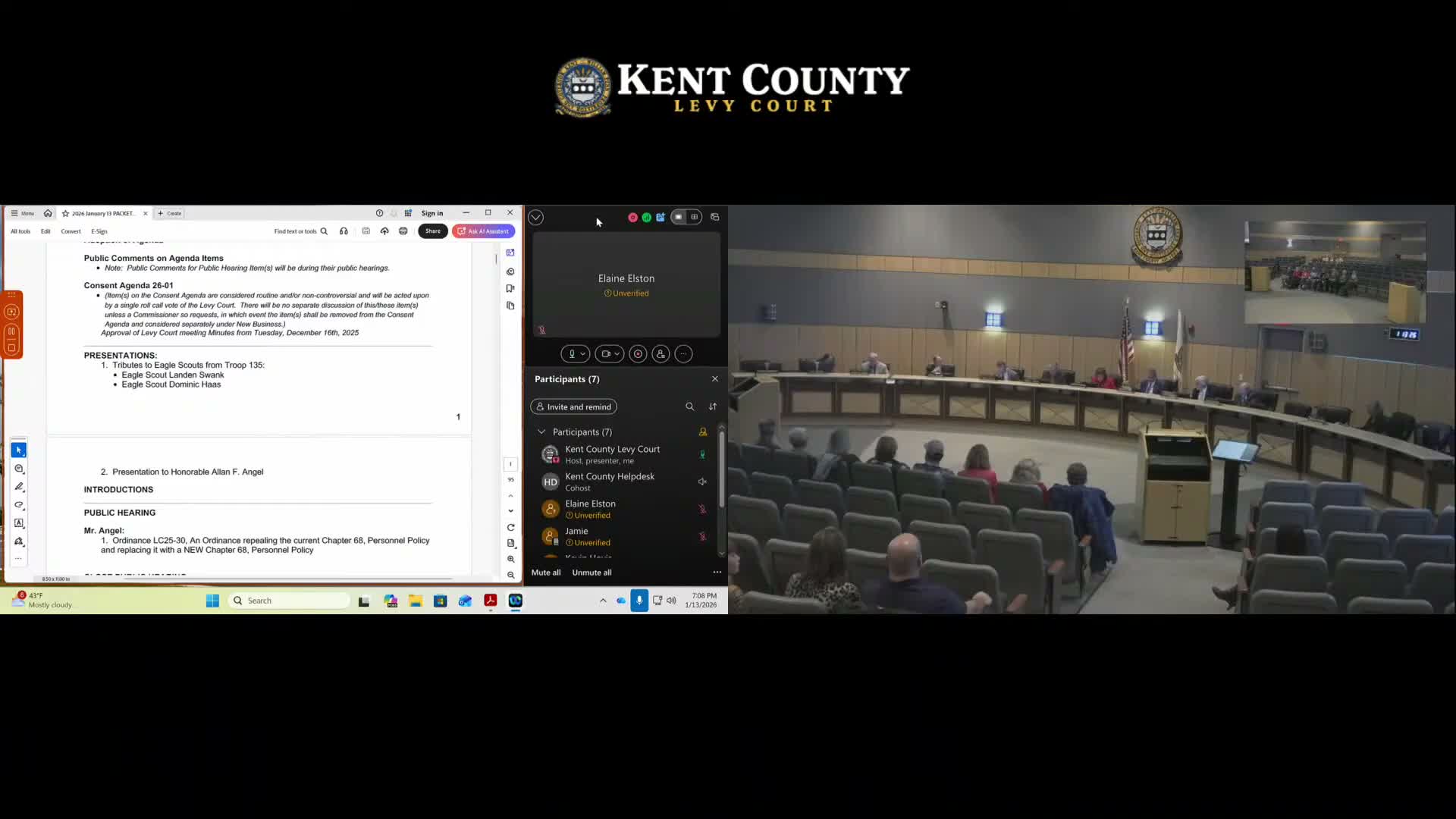 Kent County Levy Court honors two Eagle Scouts and presents 20-year service award to Allen F. Angel