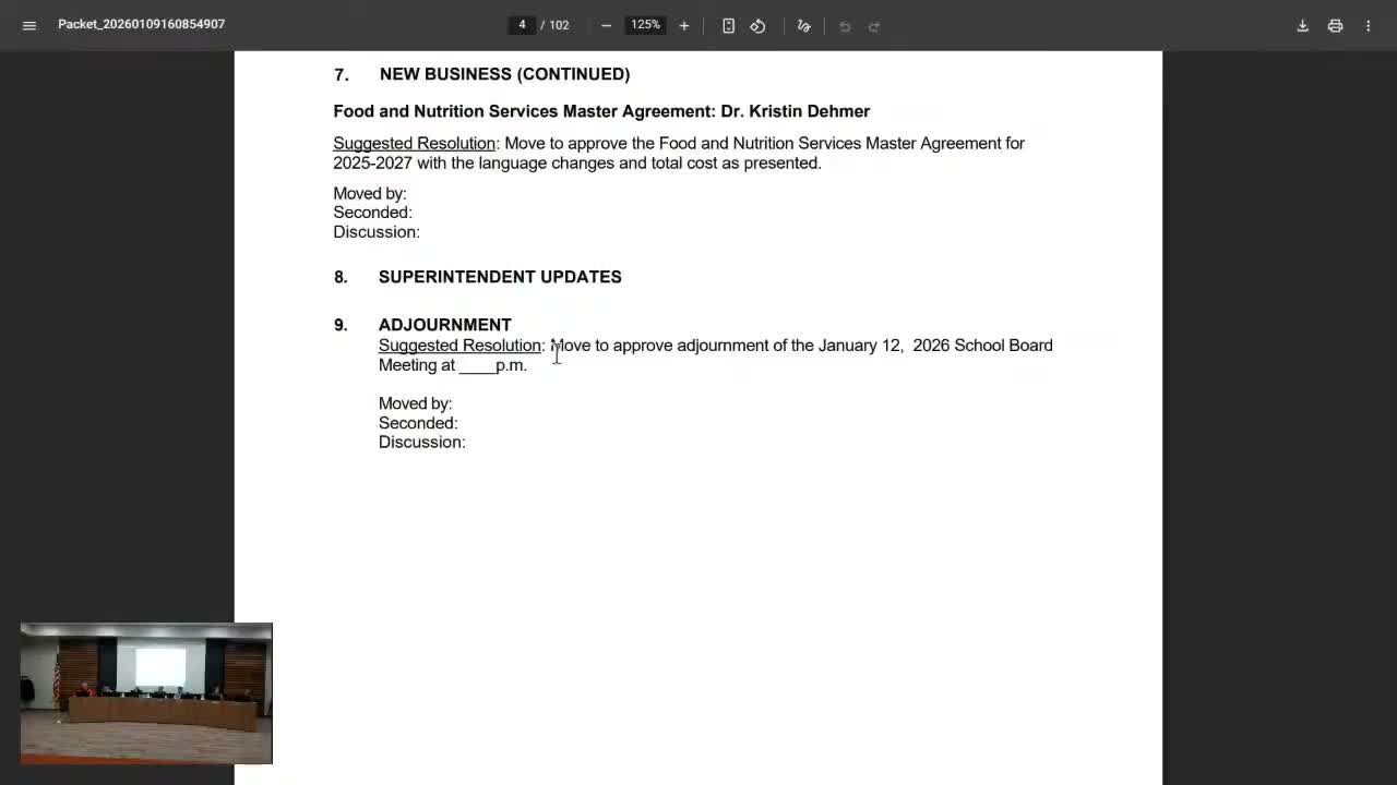 Board approves two‑year food and nutrition master agreement with modest price increase