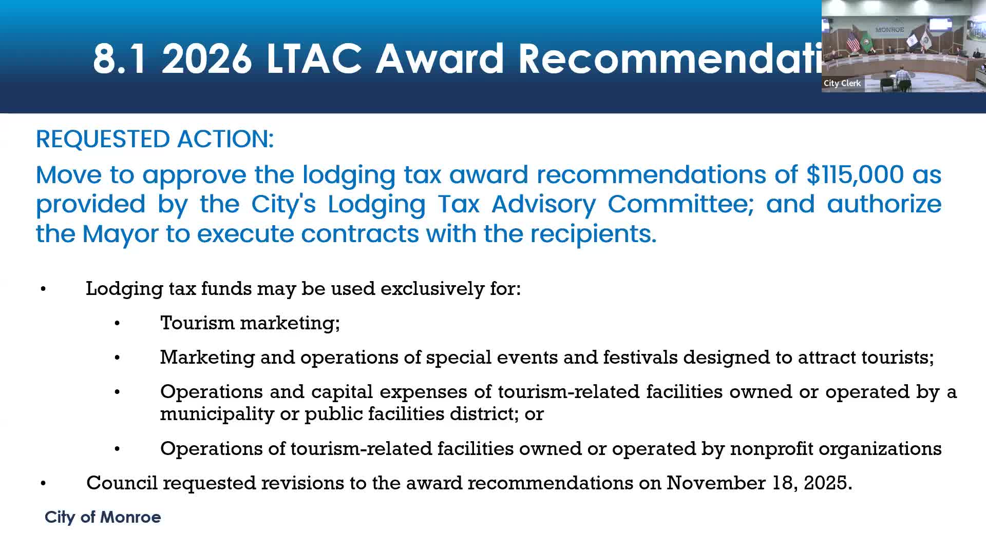 Council approves $115,000 in lodging‑tax awards after LTAC revises recommendations
