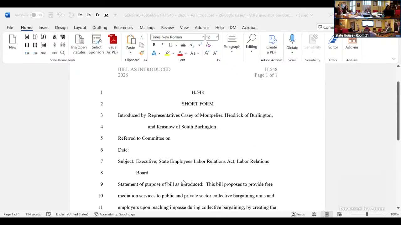 Committee reviews bill to add a full‑time mediator to Vermont Labor Relations Board, cites $115,000 placeholder