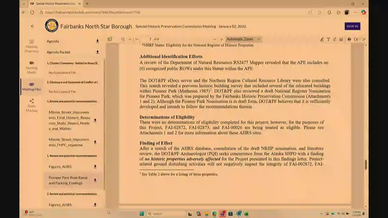 Commission requests cultural‑resource survey and clarity on AHRS sites for Elliott Highway work