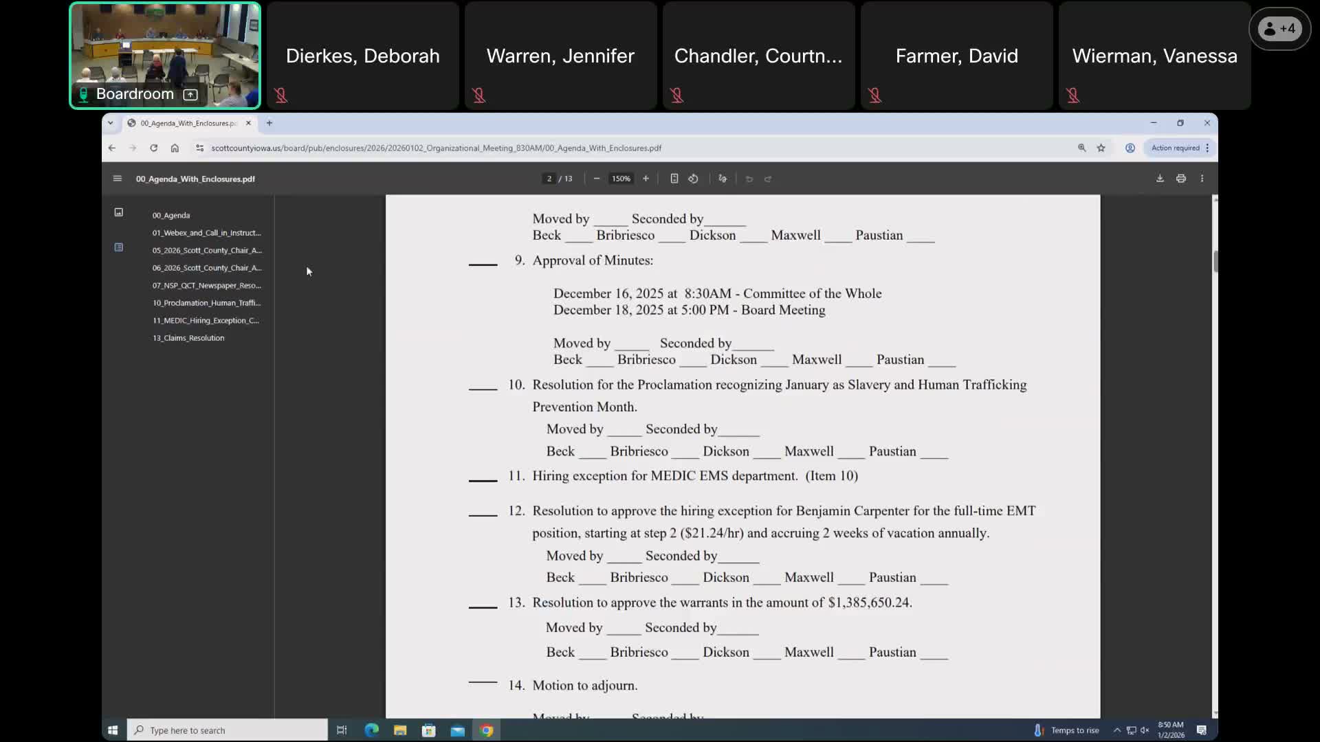 Scott County supervisors elect Maxwell chair, approve committee appointments and routine business