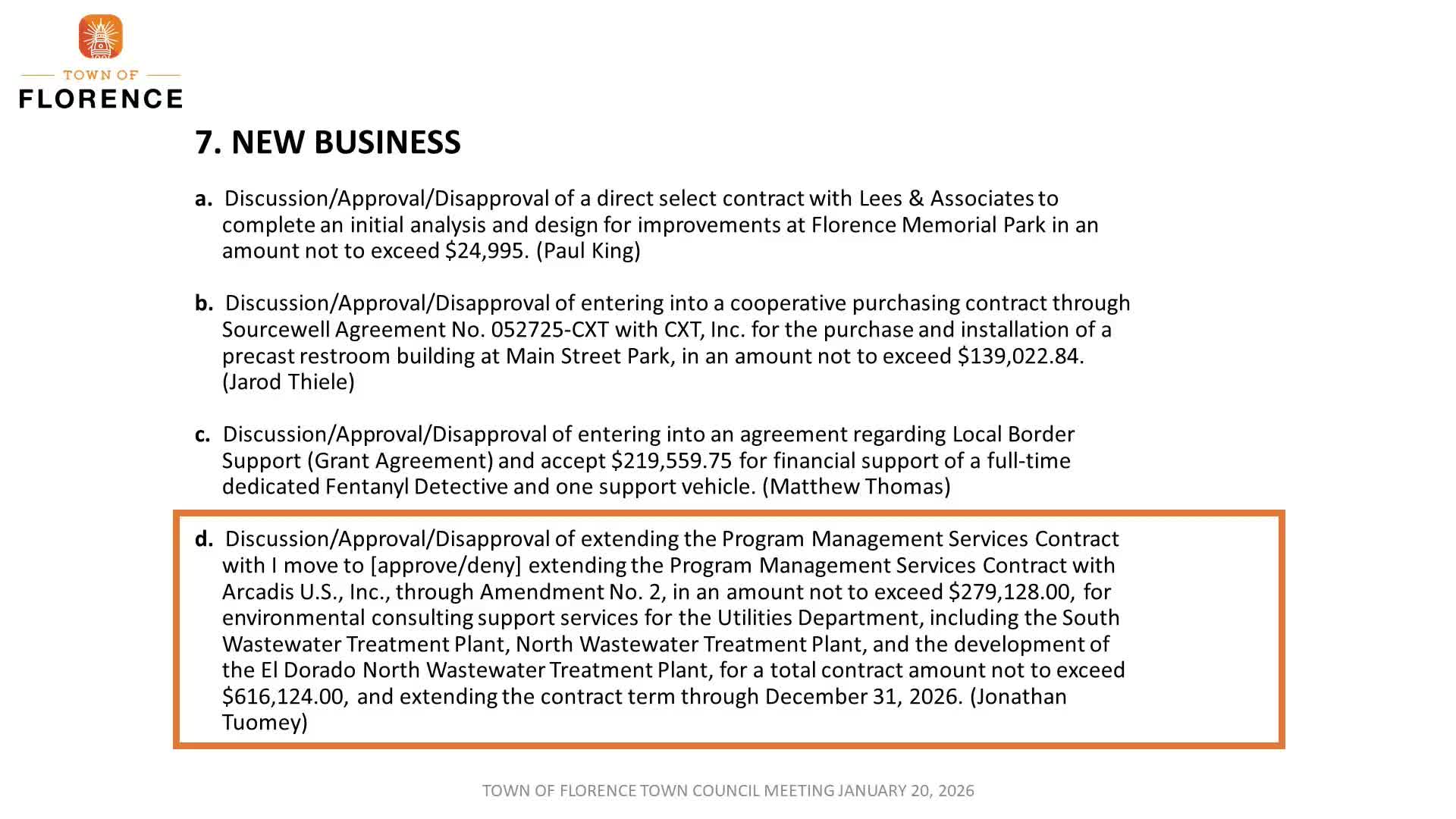 Florence extends Arcadis contract for utilities program management through Dec. 31, 2026