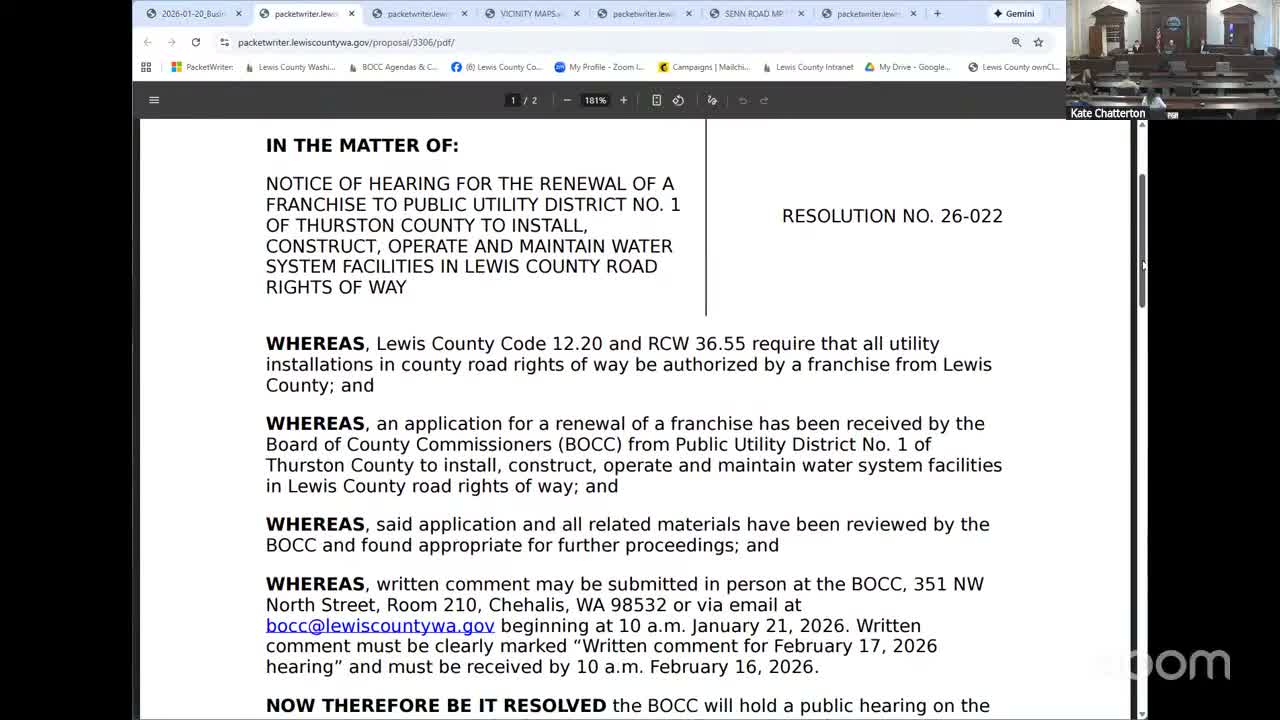 Lewis County commissioners approve routine resolutions, right‑of‑way actions and short indigent defense contract