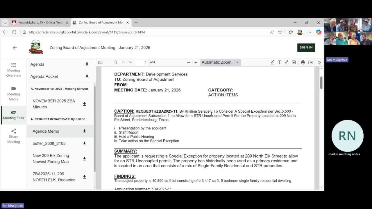 Fredericksburg ZBA approves special exception for short‑term rental at 209 North Elk with 10‑person cap