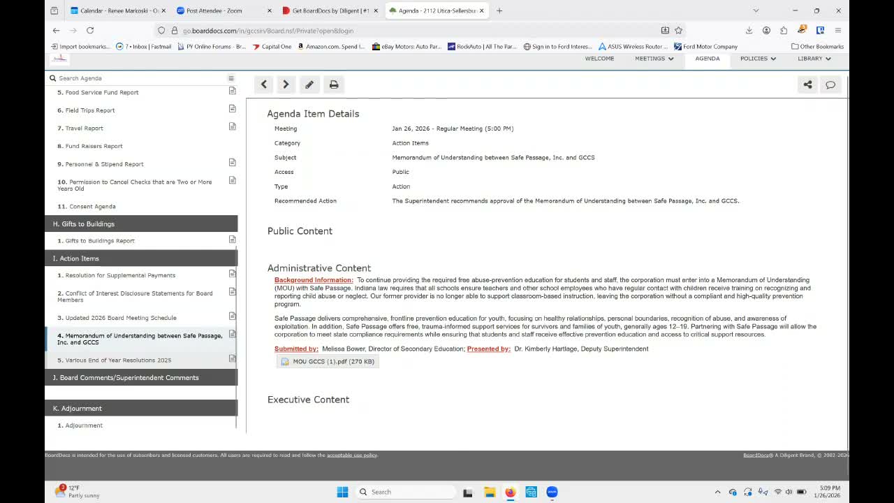 Greater Clark County School Board approves MOU with Safe Passage, year‑end transfers and schedule change; discusses Lifewise safety