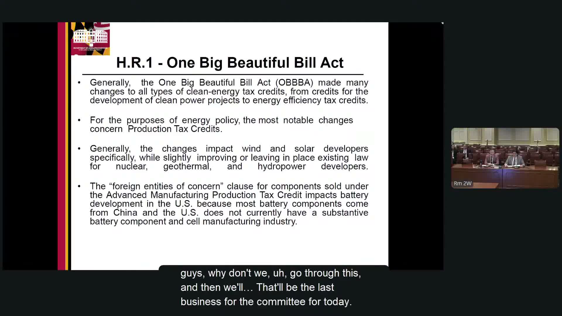 Panel warns federal tax‑credit changes will tighten deadlines and alter incentives for Maryland clean‑energy projects