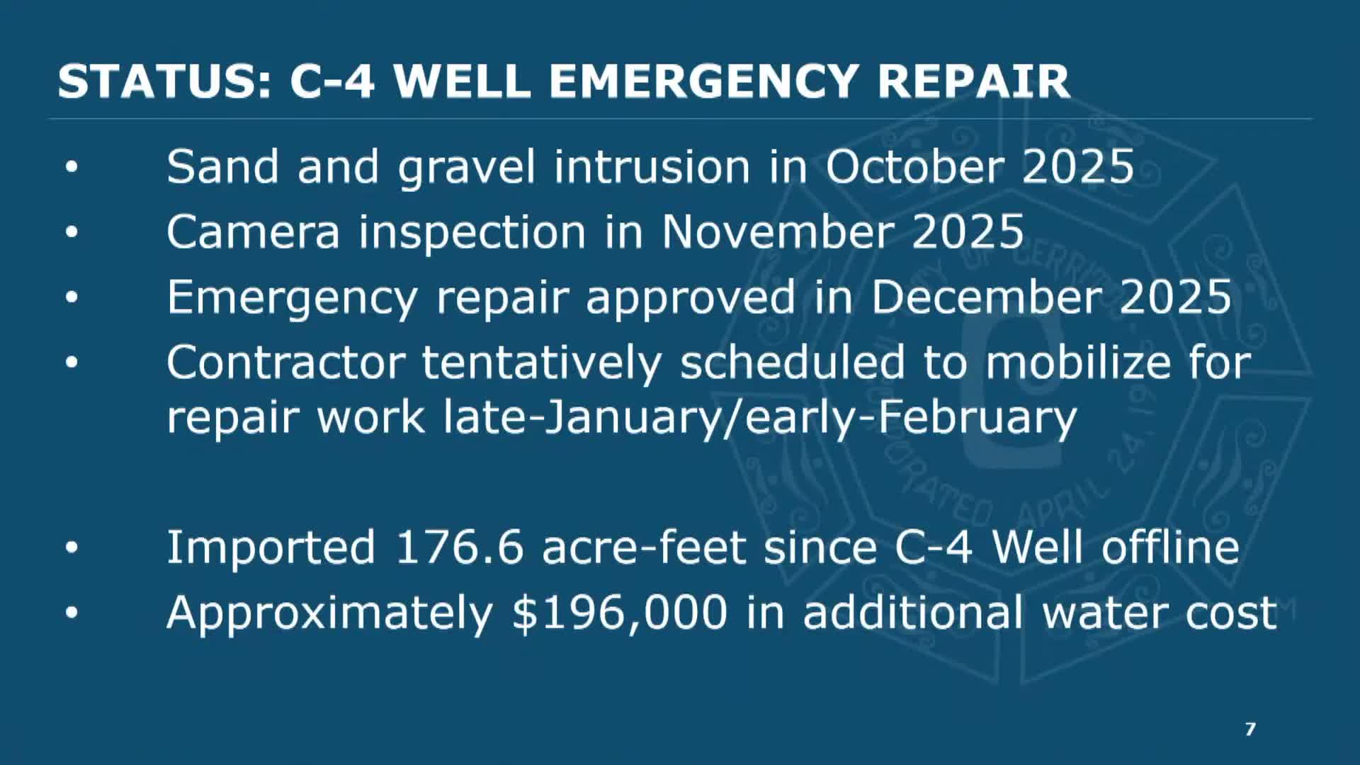 Cerritos staff outline $25M in water projects and emergency repair for damaged C‑4 well