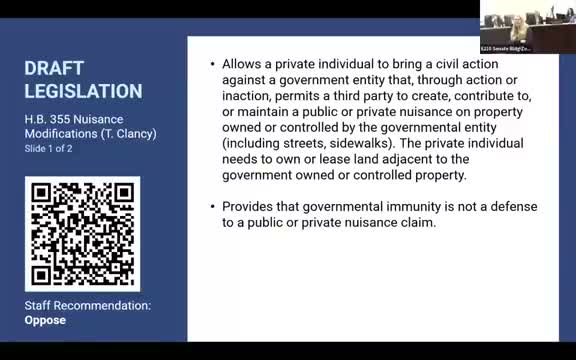 League opposes HB355 public-nuisance expansion and notes competing liability bills