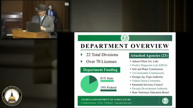 Georgia agriculture commissioner details HPAI response, hemp enforcement and funding needs; requests construction cash for new lab