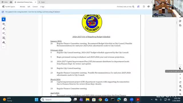 Kingsburg Finance Committee approves minutes, recommends 2026–27 budget schedule and authorizes new auditing engagement