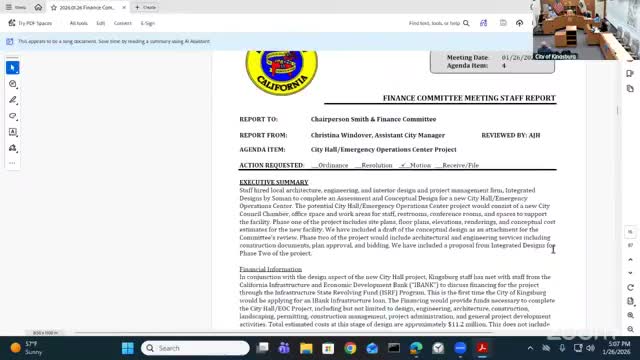 Kingsburg reviews $11.2 million City Hall/EOC concept and possible IBank loan; resident urges keeping City Hall downtown