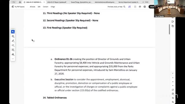 Council hears first reading to create Director of Grounds and Urban Forestry; executive session called on personnel