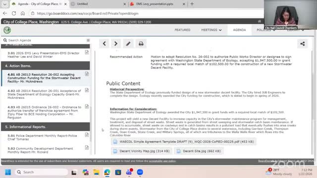 College Place council accepts $1.95 million Ecology grant to build stormwater decant facility