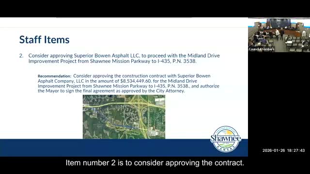 Shawnee council tables Midland Drive contract, OKs county and state roadway funds and small COVID-funded shelter project