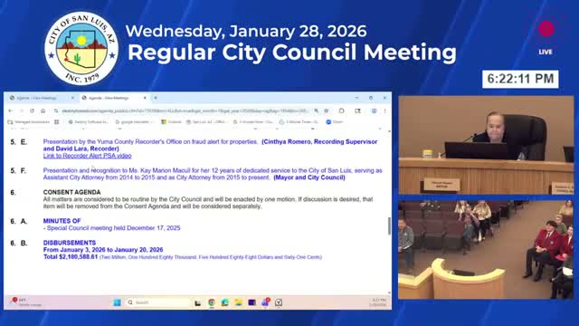 Yuma County Recorder presents property-fraud alert to San Luis council; sign-up steps explained