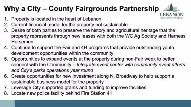 Lebanon proposes to buy fairgrounds, offers 25‑year lease to Ag Society; residents press for transparency