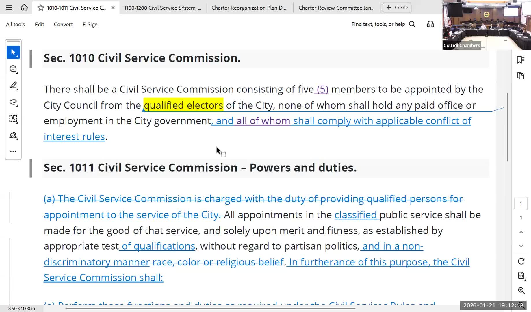 Charter panel approves civil service redlines in substantial form, will begin meet-and-confer with labor