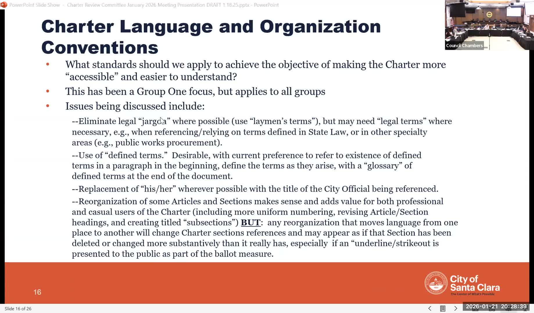 Committee reviews proposal to reorganize Santa Clara charter for clarity; staff weighing presentation options to voters