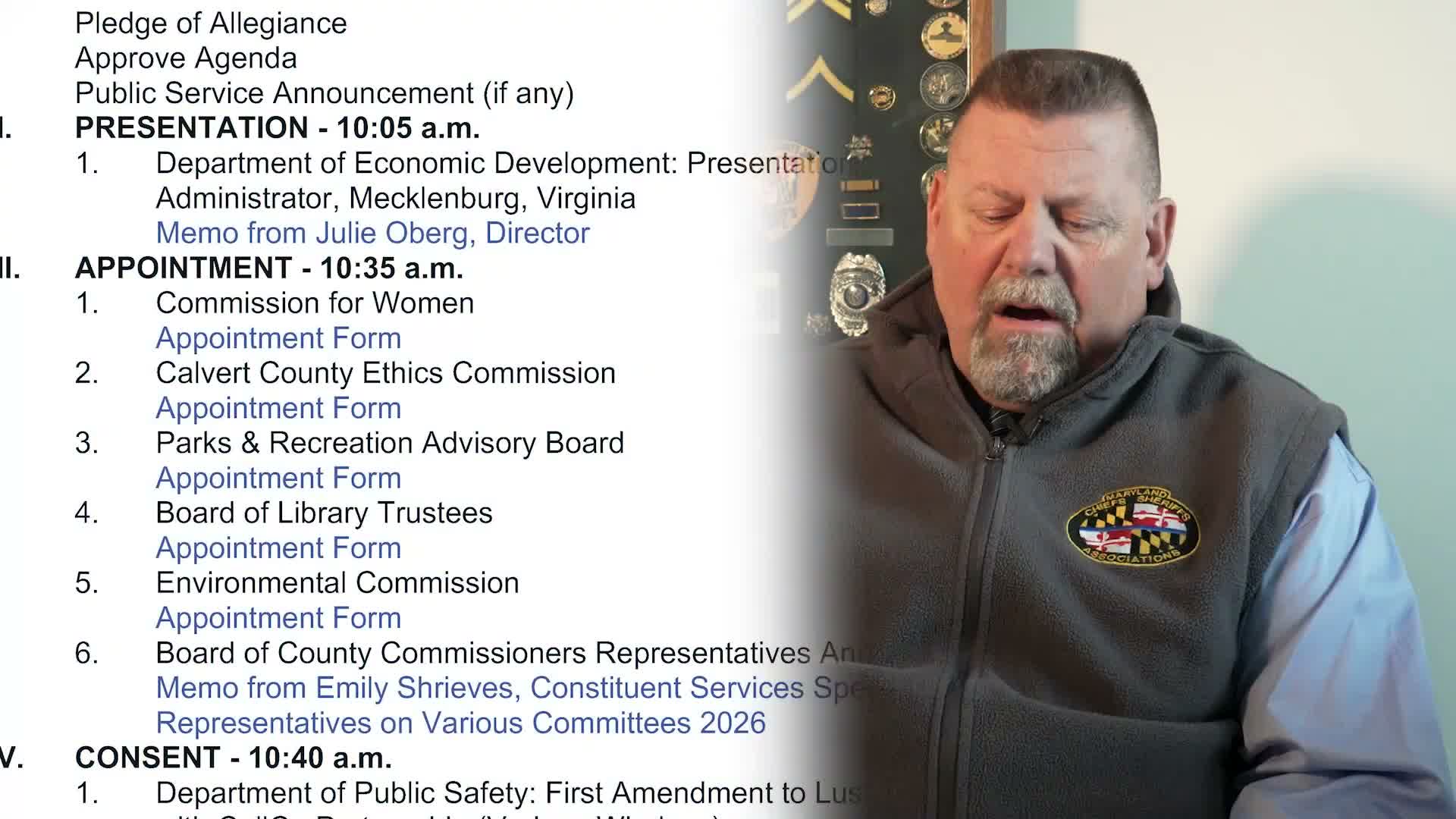 Commissioners note appointments and public-comment procedures; provide snow/ice reporting contacts